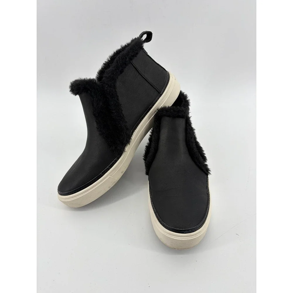 Toms Paxton Leather Sneaker, Black Slip-On, Ankle Boot, Faux Fur, Women's 7.5